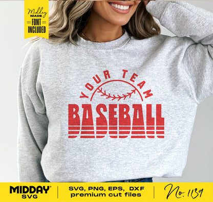 Woman wearing grey sweatshirt with retro 'Your Team Baseball' SVG design for Cricut and Silhouette.