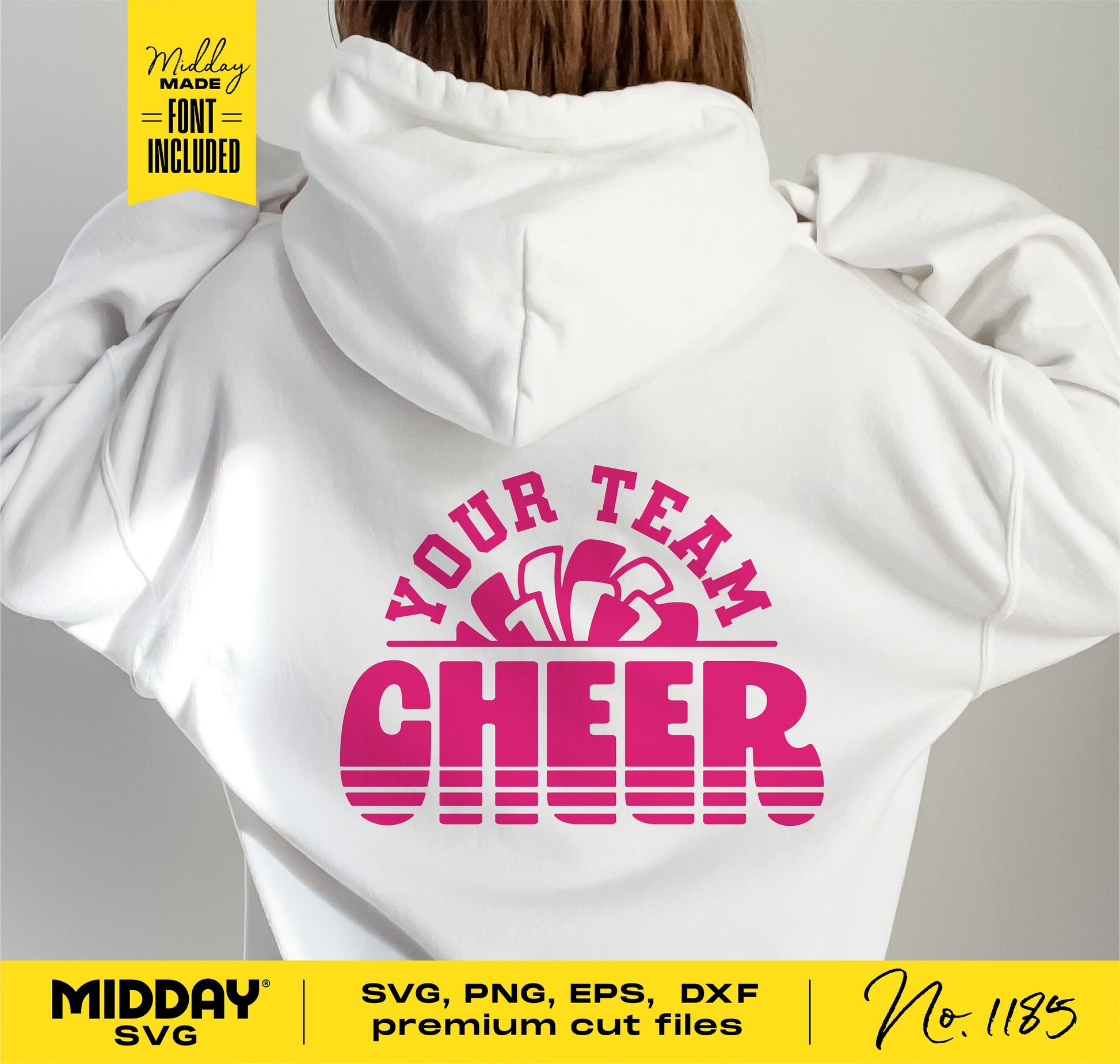 Cheer team design on white hoodie mockup, featuring "Your Team Cheer" with pom pom graphic, available in SVG, PNG, DXF formats for Cricut.