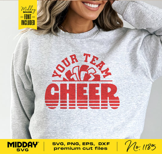 Cheerleading shirt mockup with 'Your Team Cheer' design, featuring SVG, PNG, EPS, DXF files for Cricut and Silhouette projects.