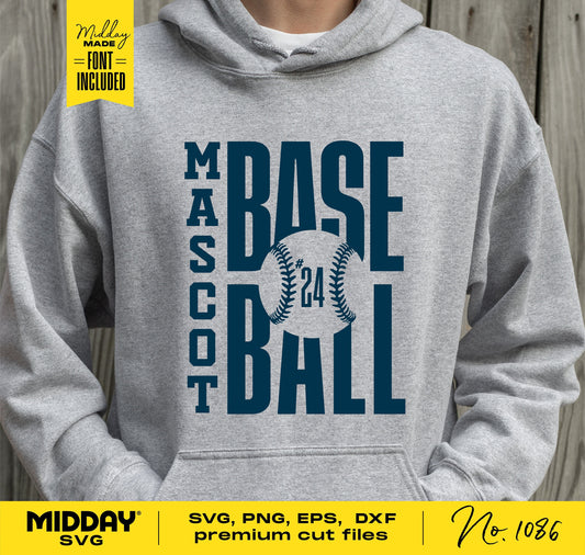 Gray hoodie featuring customizable baseball team template with "MASCOT BASEBALL" design, perfect for Cricut and Silhouette projects.