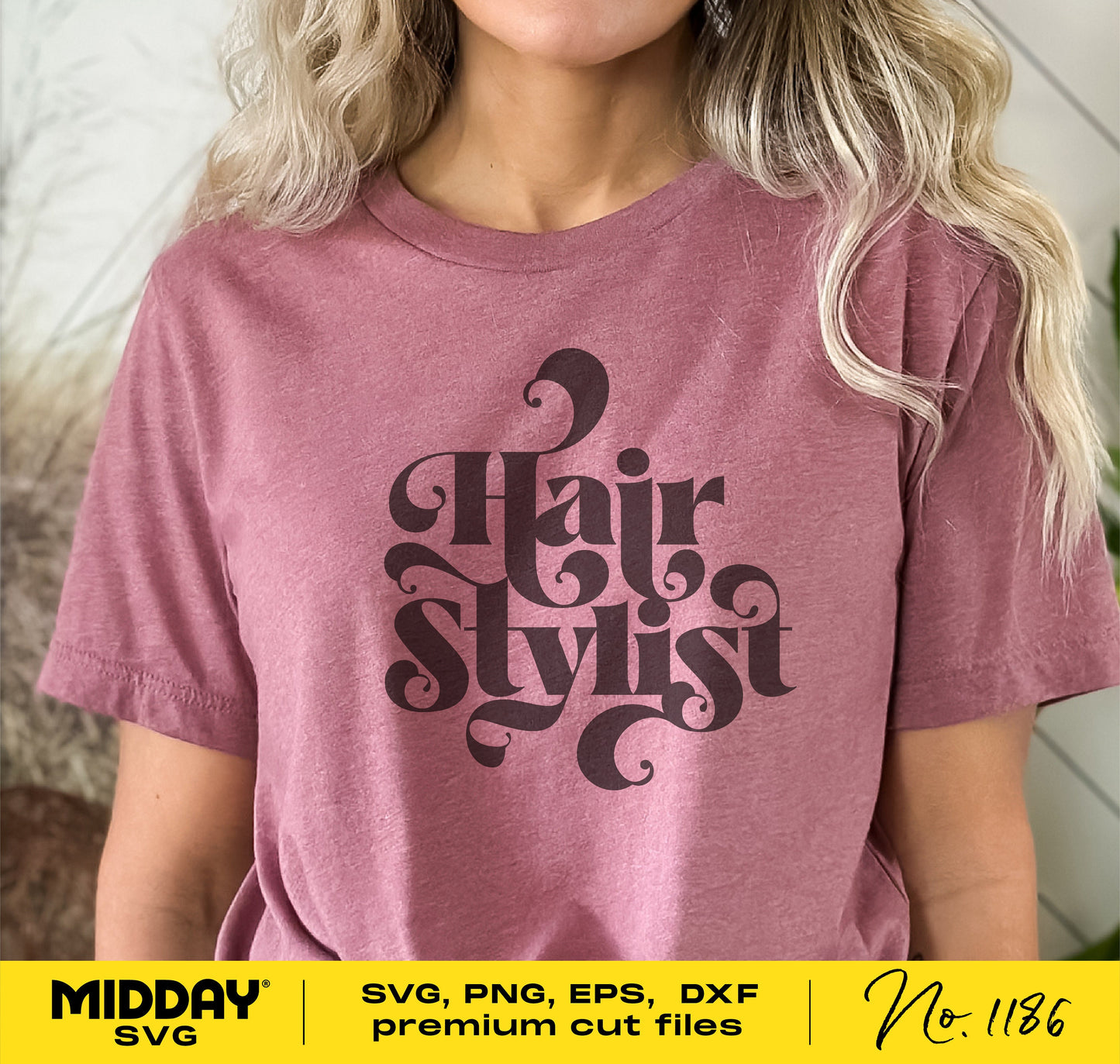 Pink t-shirt with 'Hair Stylist' design, ideal for hairdressers and barbers, available in SVG, PNG, EPS, DXF formats.