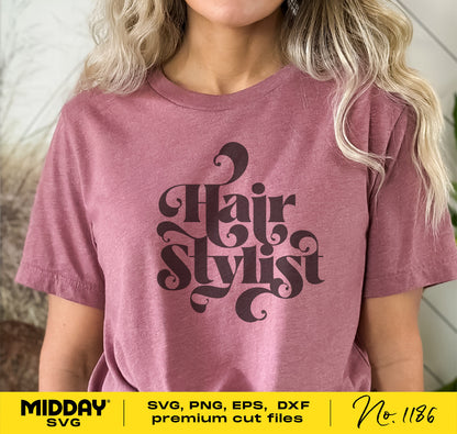 Pink t-shirt with 'Hair Stylist' design, ideal for hairdressers and barbers, available in SVG, PNG, EPS, DXF formats.