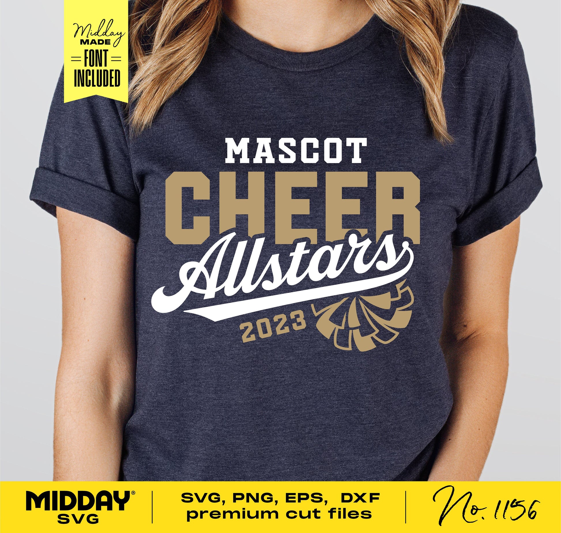 Cheer Allstars team shirt design with 'Mascot Cheer Allstars 2023' in gold and white, DIY file for Cricut and Silhouette projects.