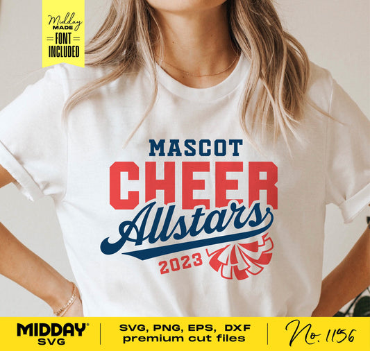Woman wearing a white T-shirt with 'Mascot Cheer Allstars 2023' design in red and blue, ideal for cheerleading teams.