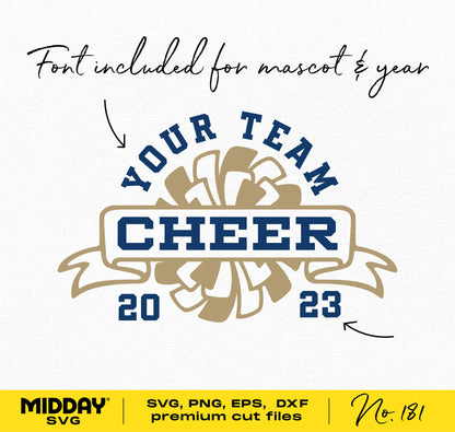 Cheer Team SVG template with customizable font for mascot and year, includes professional cut files for Cricut and Silhouette.