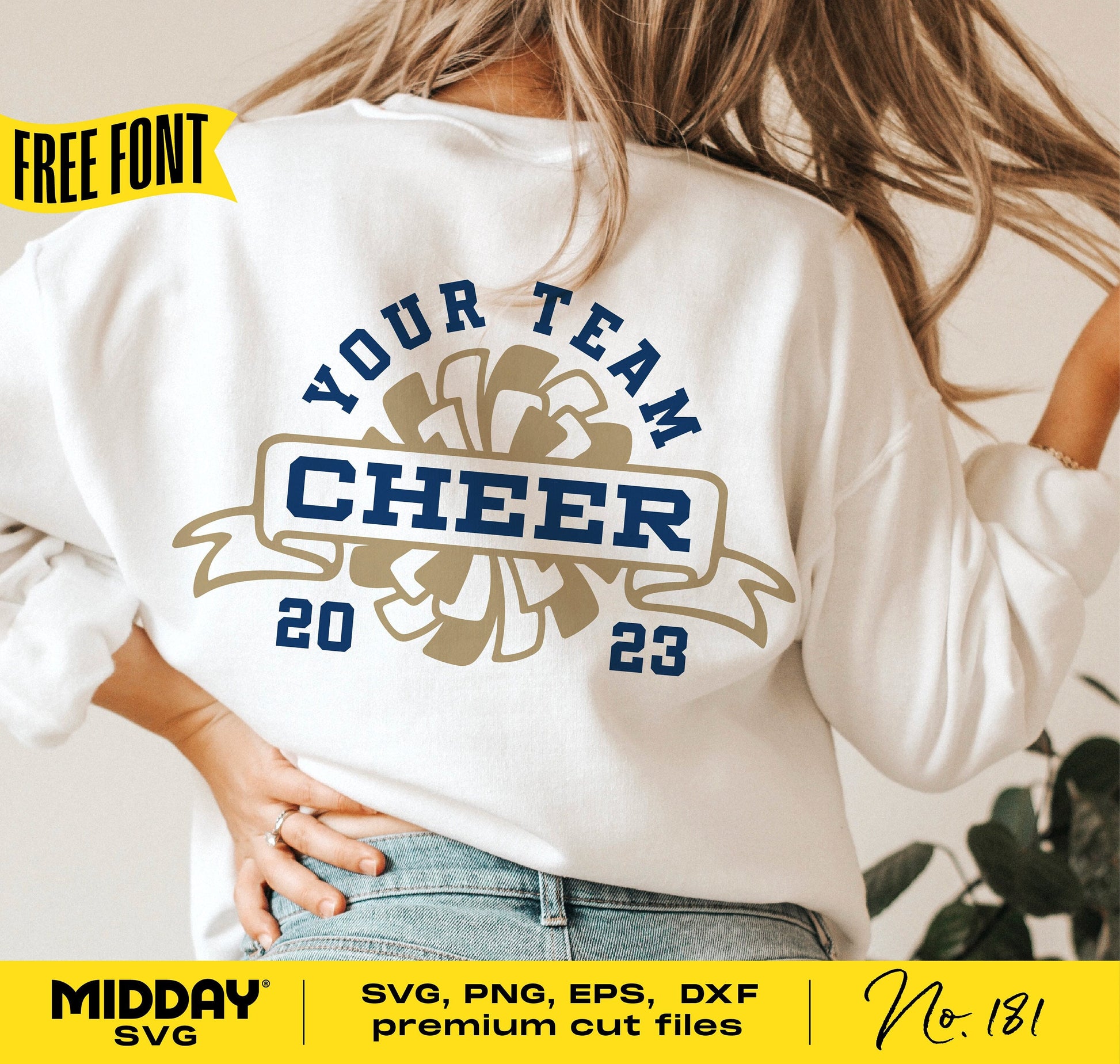 Back view of a white cheerleader sweatshirt with customizable cheer team design, includes SVG, PNG, EPS, DXF Cricut cut files.
