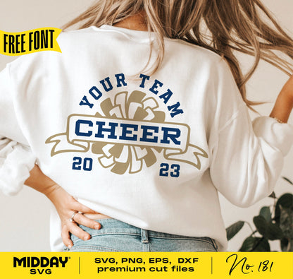 Back view of a white cheerleader sweatshirt with customizable cheer team design, includes SVG, PNG, EPS, DXF Cricut cut files.