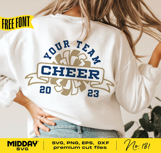 Back view of a white cheerleader sweatshirt with customizable cheer team design, includes SVG, PNG, EPS, DXF Cricut cut files.