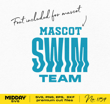 Swim Team design template with included mascot font in SVG, PNG, EPS, DXF formats for Cricut and Silhouette use.