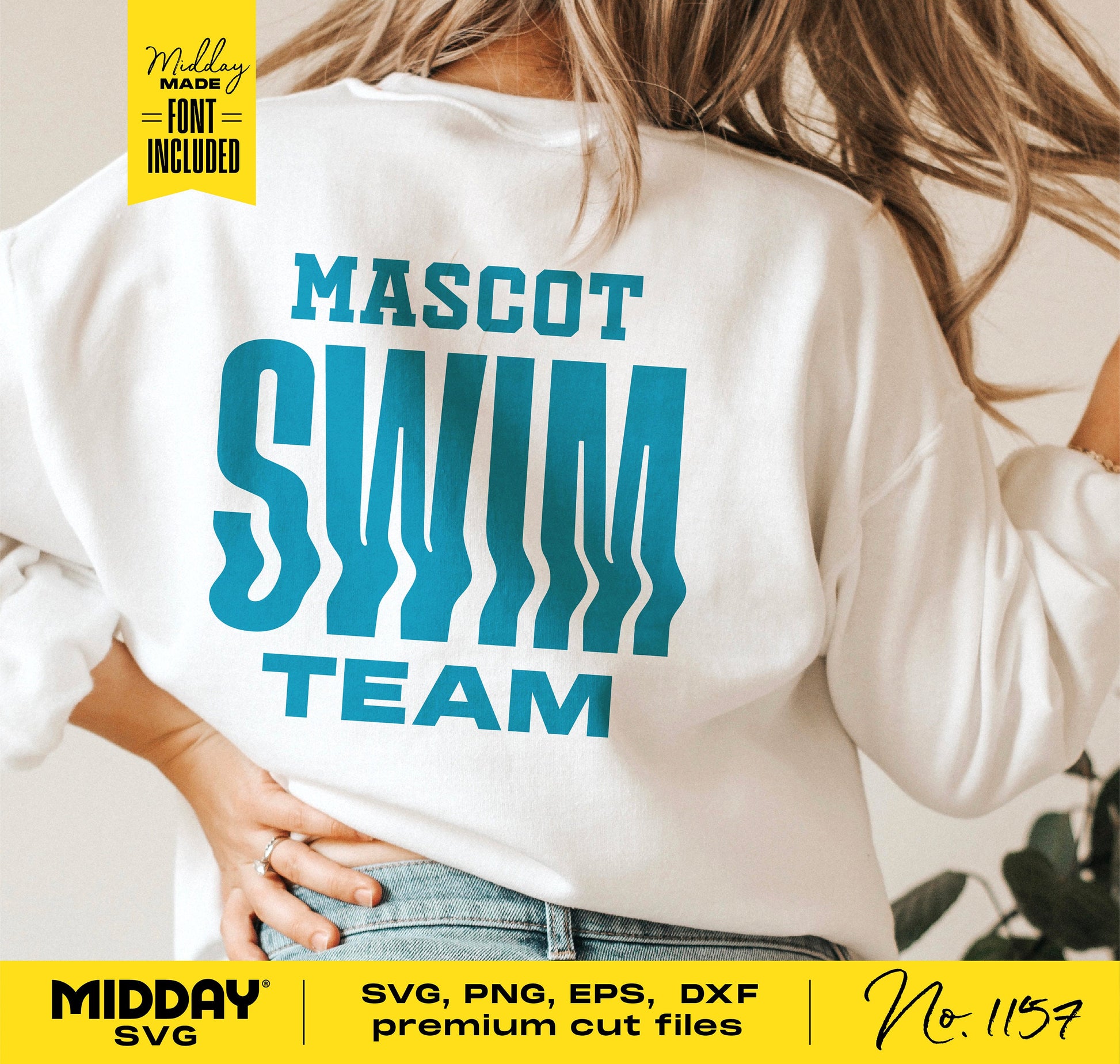 Back view of white shirt with blue 'Mascot Swim Team' design, suitable for Cricut and Silhouette cutting, includes SVG, PNG, EPS, DXF files.
