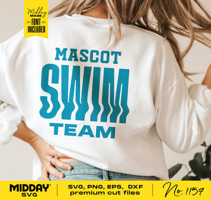 Back view of white shirt with blue 'Mascot Swim Team' design, suitable for Cricut and Silhouette cutting, includes SVG, PNG, EPS, DXF files.