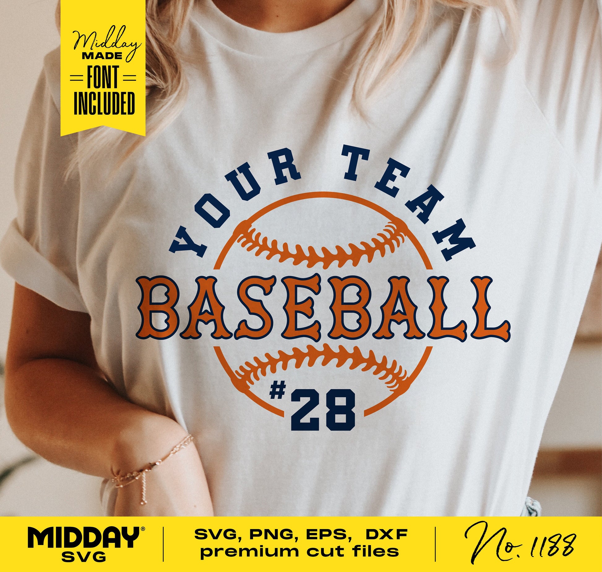 Woman wearing a shirt with 'Your Team Baseball #28' design, showcasing SVG, PNG, EPS, DXF files for DIY baseball team shirts.