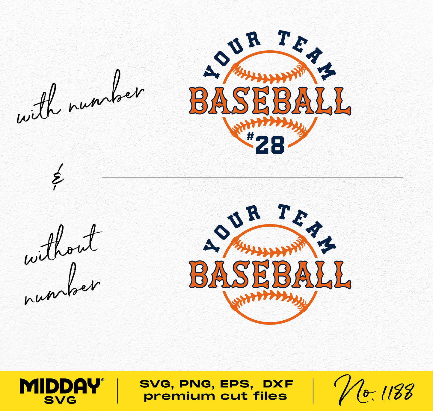 Customizable baseball team SVG template with customizable text and number options available in SVG, PNG, EPS, and DXF formats.