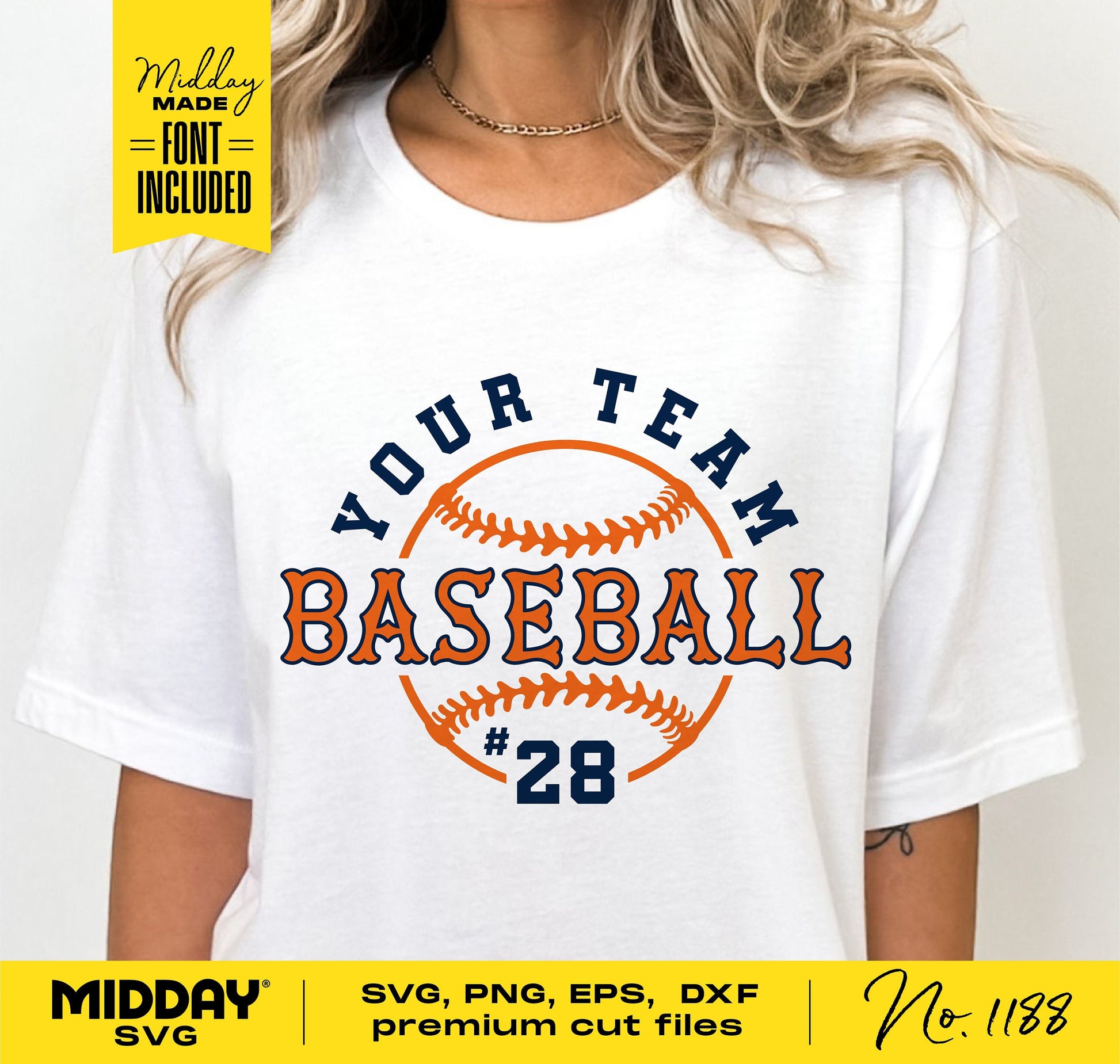 Woman wearing a custom baseball team shirt design with SVG, PNG, DXF format options for DIY projects and Cricut. Font included.
