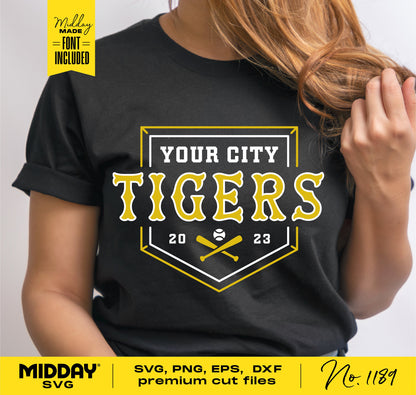 Woman wearing a T-shirt with 'Your City Tigers' vintage baseball team logo design, Cricut cut file available in SVG, PNG, DXF formats.