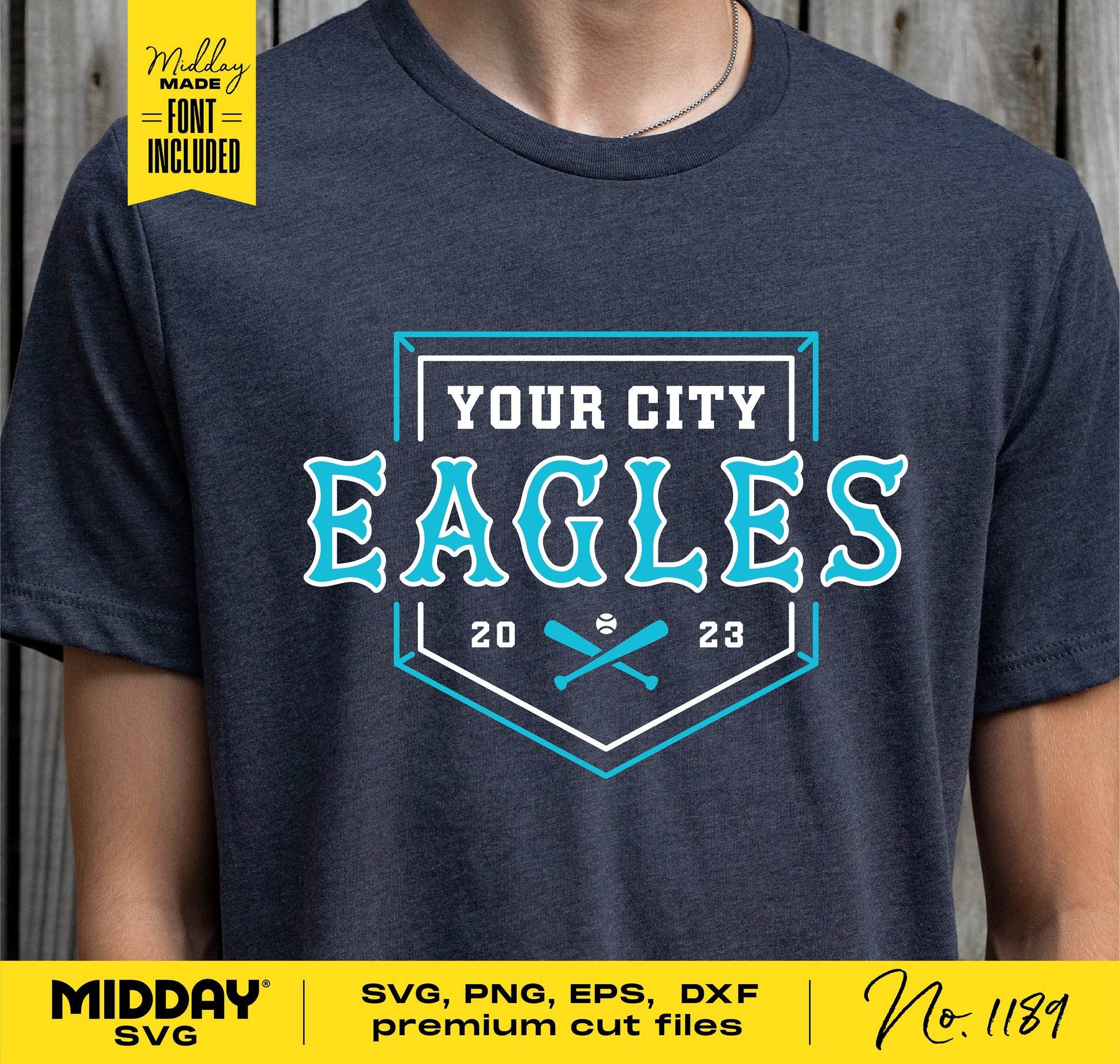 Vintage baseball team logo shirt with customizable city name and year, featuring crossed baseball bats icon in SVG, PNG, EPS, DXF formats.