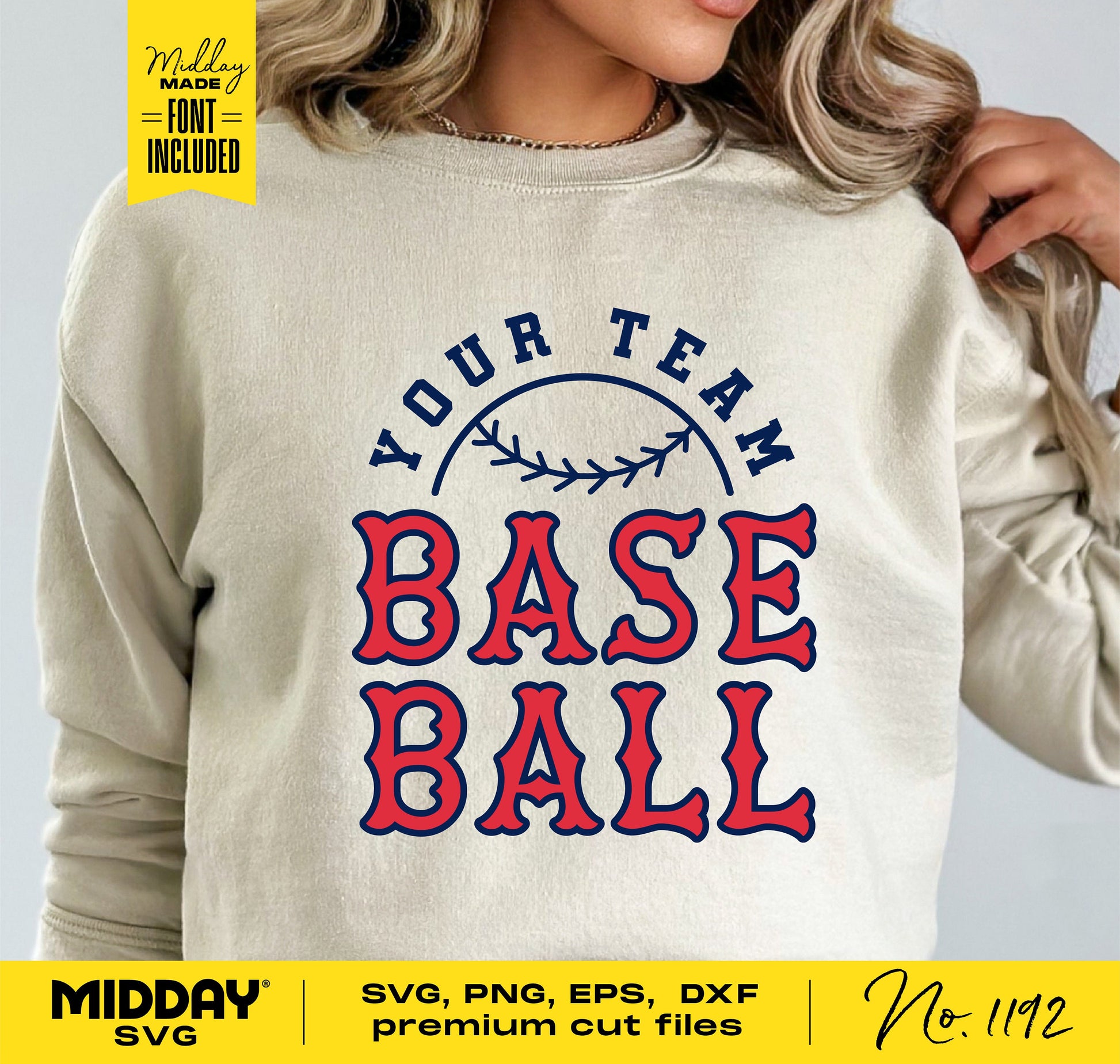 Woman wearing a 'Your Team Baseball' sweatshirt design, featuring baseball-inspired SVG, perfect for creating personalized sports apparel.