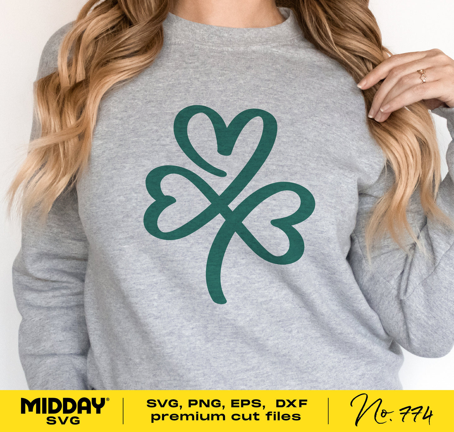 Woman wearing shamrock heart St. Patrick's Day shirt, perfect for Cricut and Silhouette projects. Available in SVG, PNG, EPS, DXF formats.
