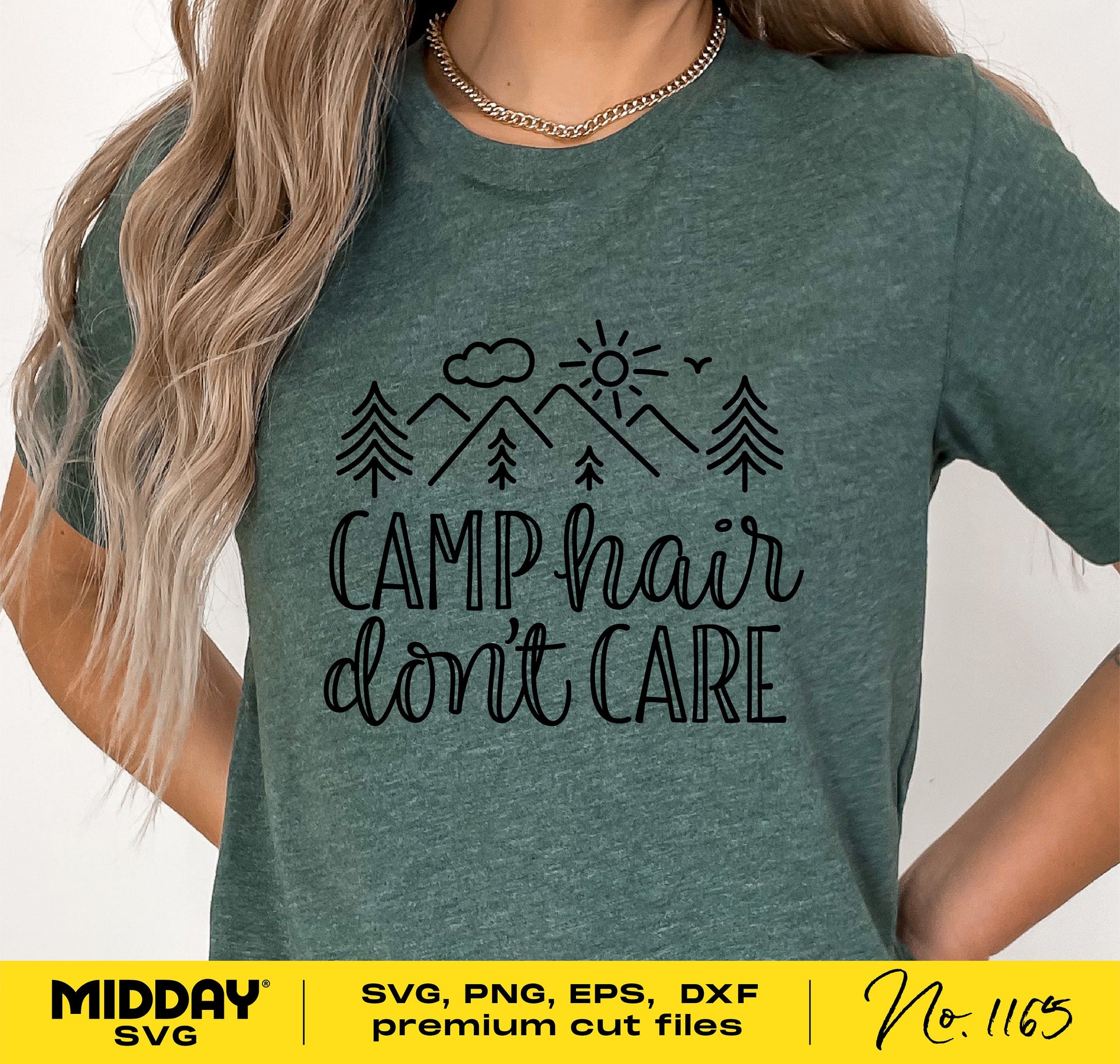 Woman wearing a funny camping T-shirt with 'Camp Hair Don't Care' design, available in SVG, PNG, and DXF for Cricut and Silhouette.