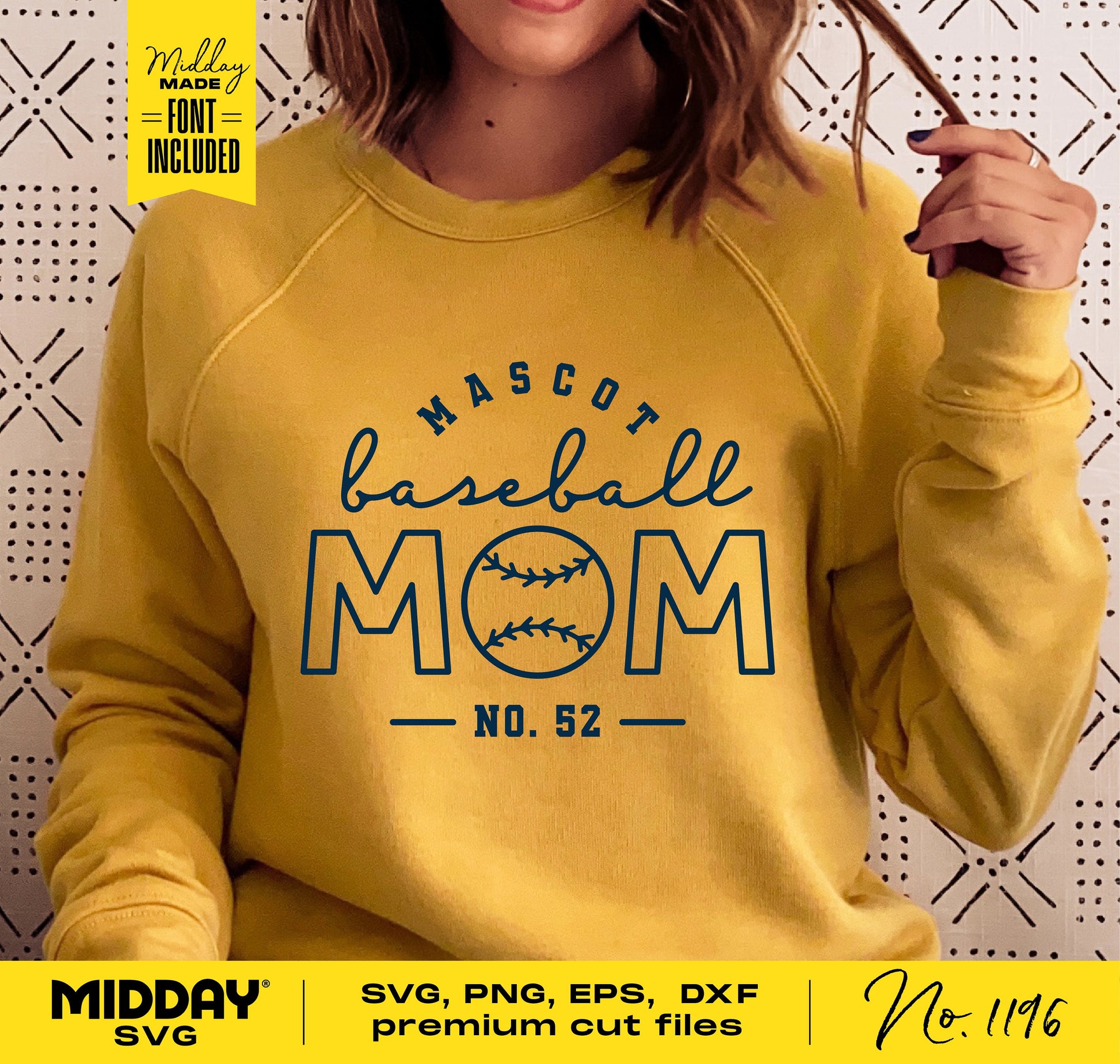 Woman wearing yellow sweatshirt with 'Baseball Mom' design for SVG & PNG files, ideal for Cricut and Silhouette projects.