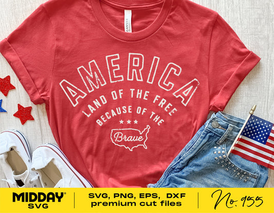 Red 'America Land of the Free Because of the Brave' T-shirt with patriotic SVG design, styled with denim shorts and American flag accessories.