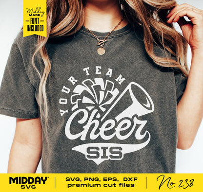 Woman wearing a t-shirt with 'Your Team Cheer Sis' design, featuring cheer graphics and text, ideal for Cricut and Silhouette projects.