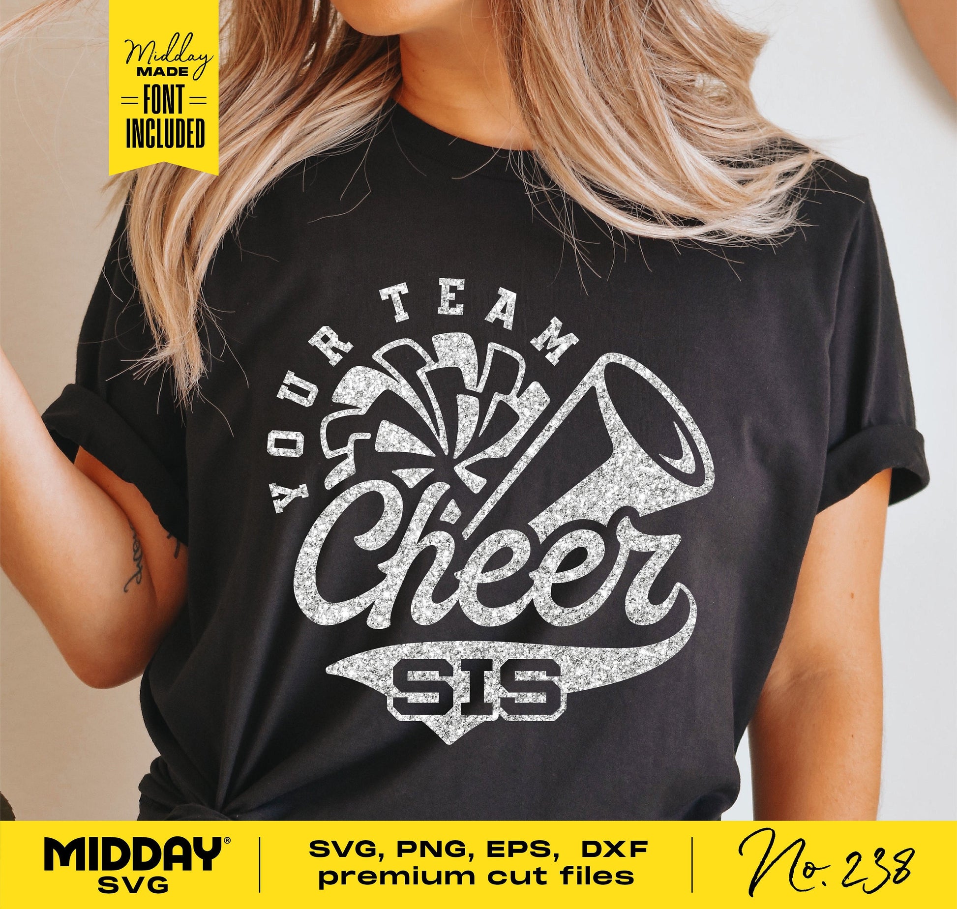 Black t-shirt with 'Cheer Sis' design featuring a cheer cone and pom-pom, available in SVG, PNG, EPS, and DXF formats.