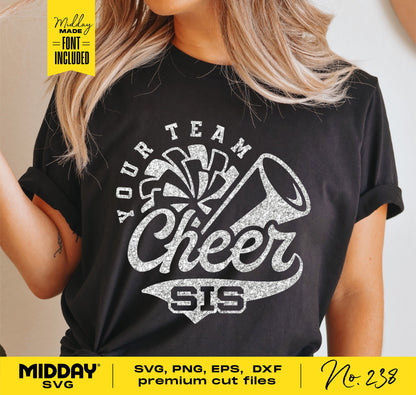 Black t-shirt with 'Cheer Sis' design featuring a cheer cone and pom-pom, available in SVG, PNG, EPS, and DXF formats.