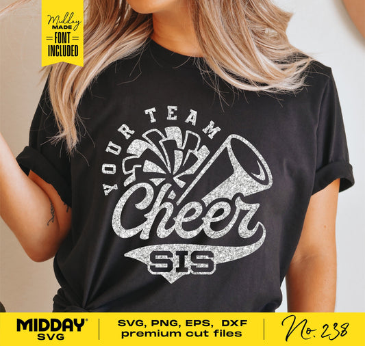 Black t-shirt with 'Cheer Sis' design featuring a cheer cone and pom-pom, available in SVG, PNG, EPS, and DXF formats.