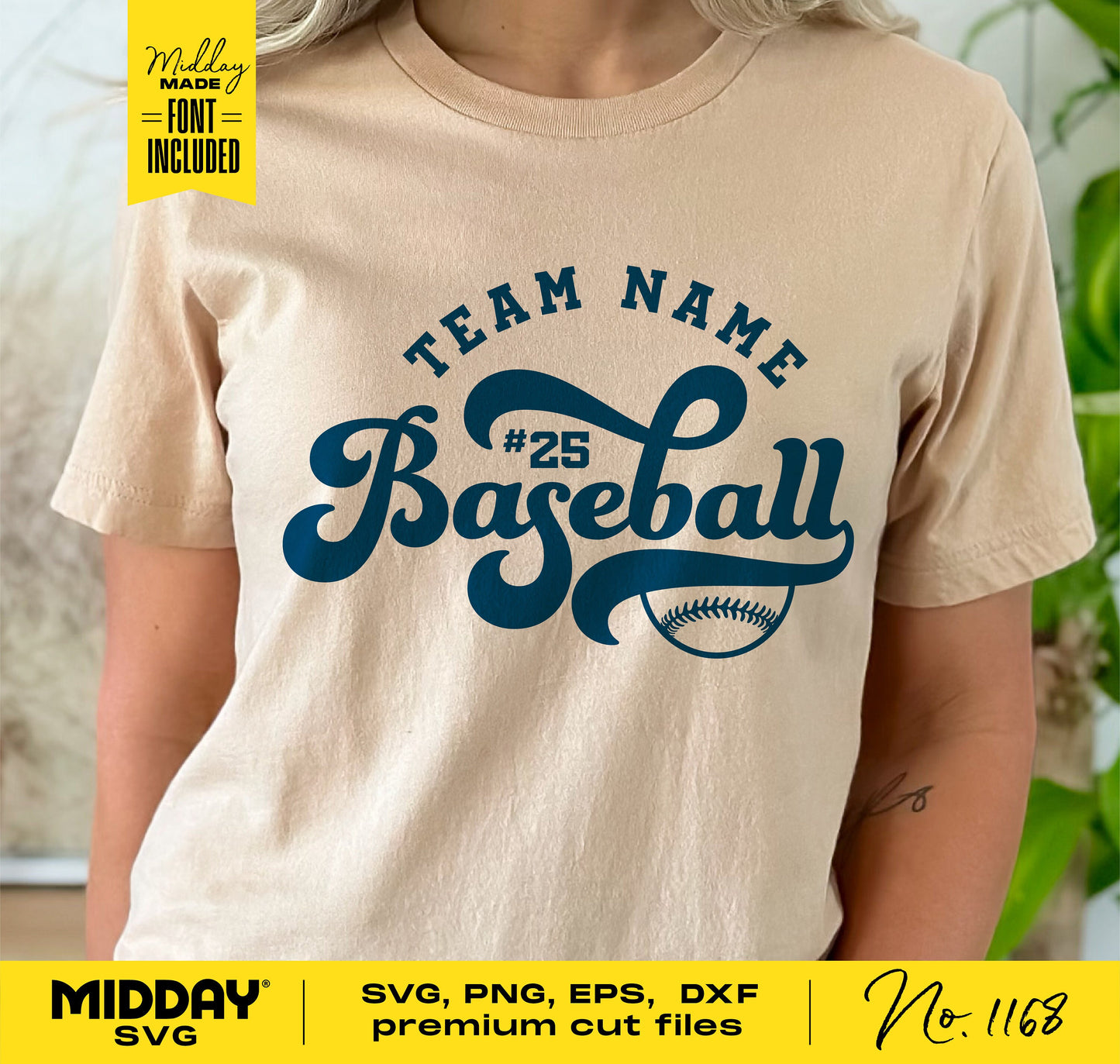 Woman wearing a beige t-shirt featuring a customizable baseball team logo with 'Team Name #25 Baseball' in blue text, perfect for Cricut projects.