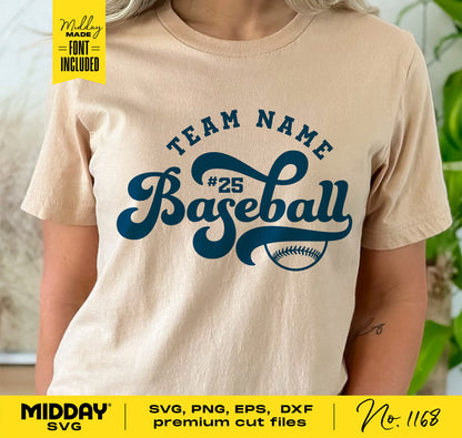 Woman wearing a beige t-shirt featuring a customizable baseball team logo with 'Team Name #25 Baseball' in blue text, perfect for Cricut projects.