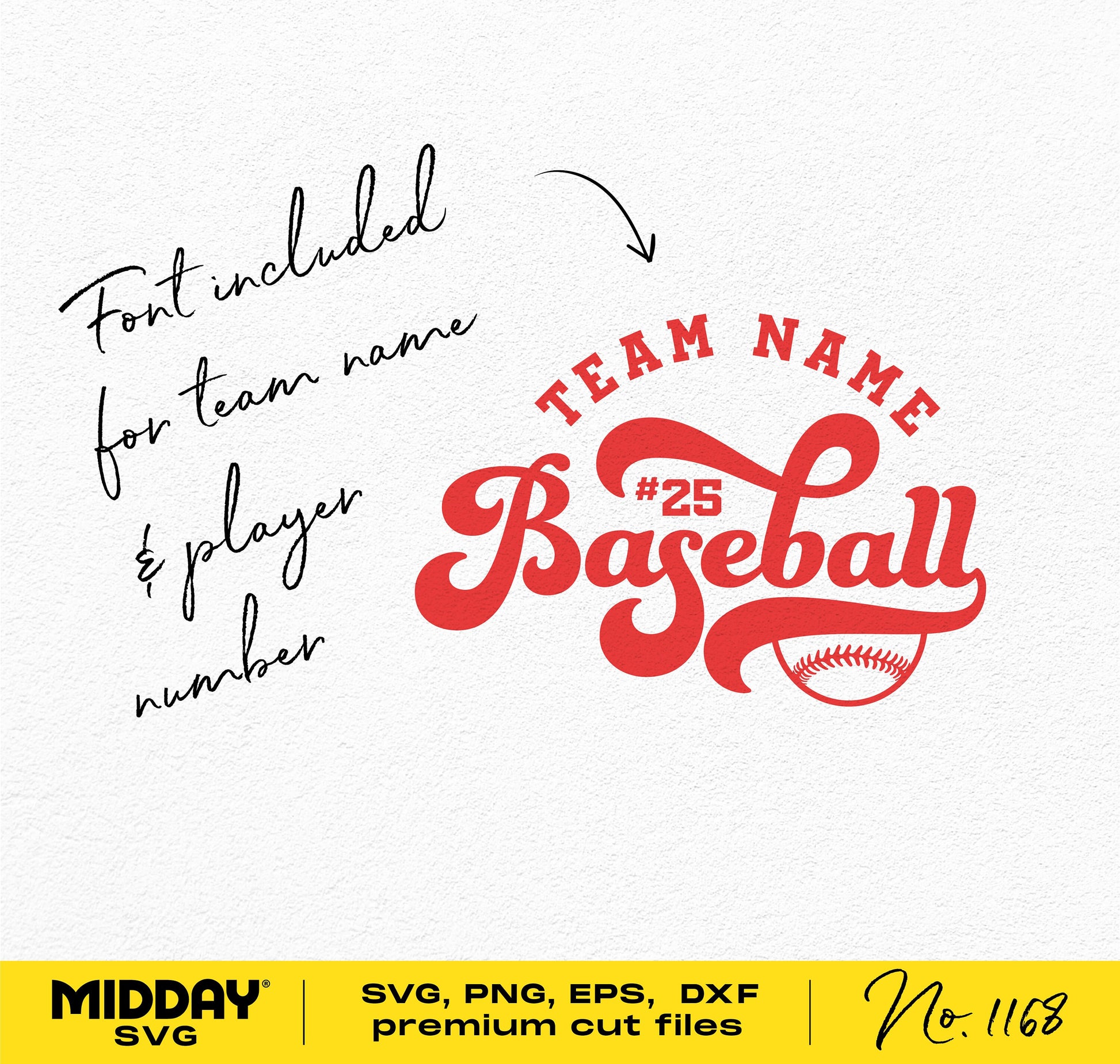 Baseball team logo template with customizable player number and name, available in SVG, PNG, EPS, DFX formats for Cricut users.