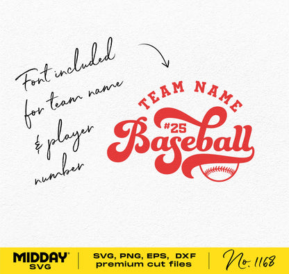 Baseball team logo template with customizable player number and name, available in SVG, PNG, EPS, DFX formats for Cricut users.