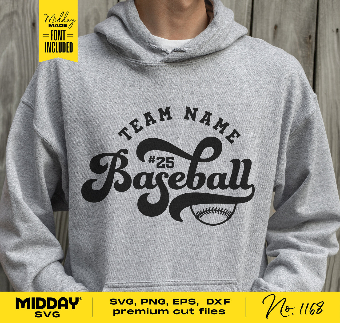 Gray hoodie featuring a customizable baseball team logo design, ideal for Cricut projects, with SVG, PNG, EPS, DXF formats.