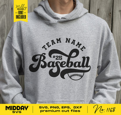 Gray hoodie featuring a customizable baseball team logo design, ideal for Cricut projects, with SVG, PNG, EPS, DXF formats.