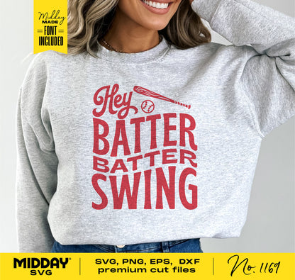Funny baseball shirt with 'Hey Batter Batter Swing' text, available in SVG, PNG, EPS, DXF formats for Cricut and Silhouette