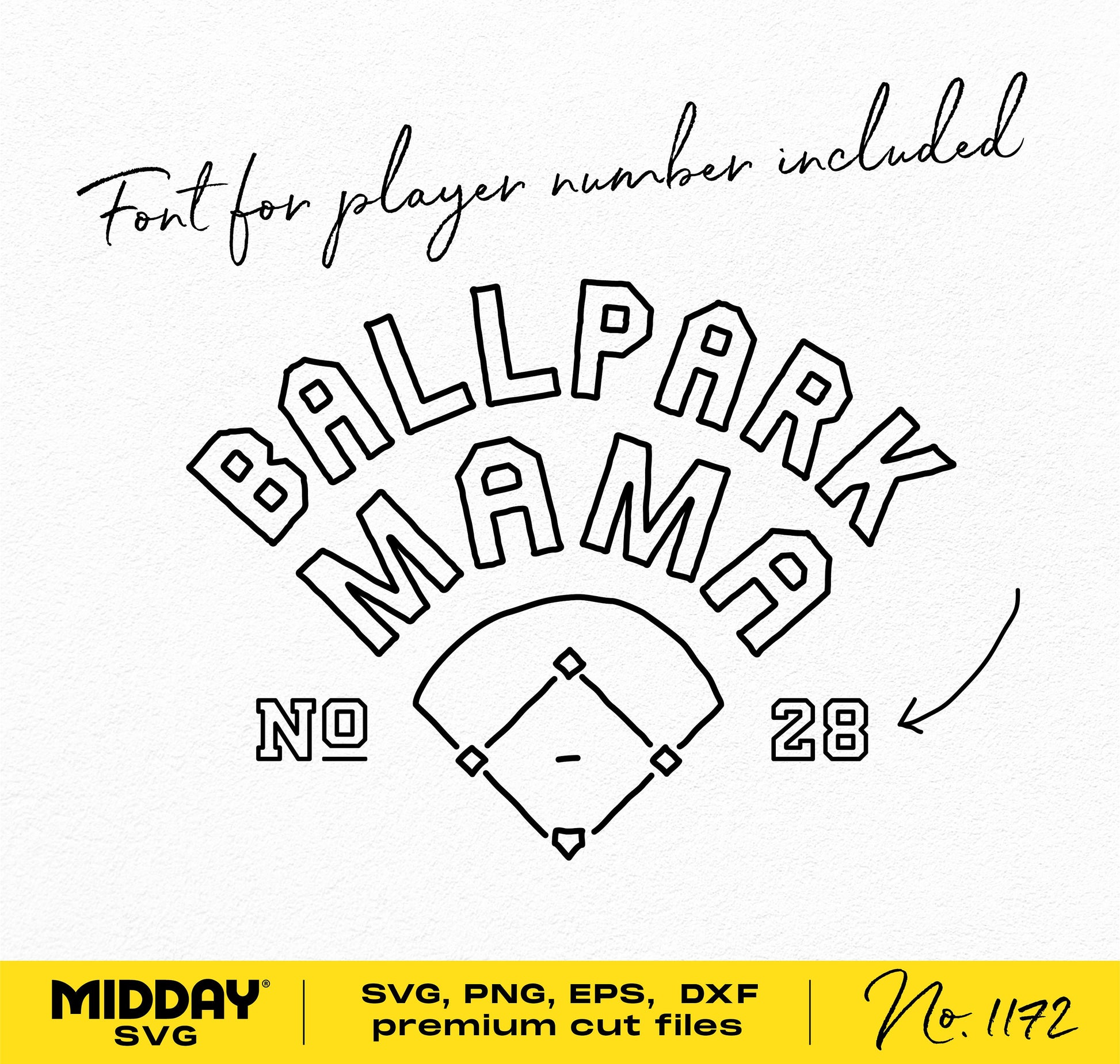 Ballpark Mama SVG design with player number font for Cricut, featuring baseball diamond graphic, available in SVG, PNG, EPS, DXF formats.
