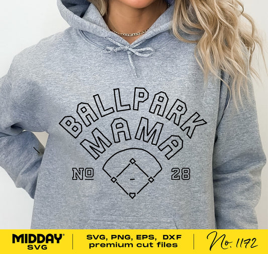 Gray hoodie with 'Ballpark Mama No 28' design, perfect for baseball moms; available in SVG, PNG, EPS, DXF formats for Cricut and Silhouette.