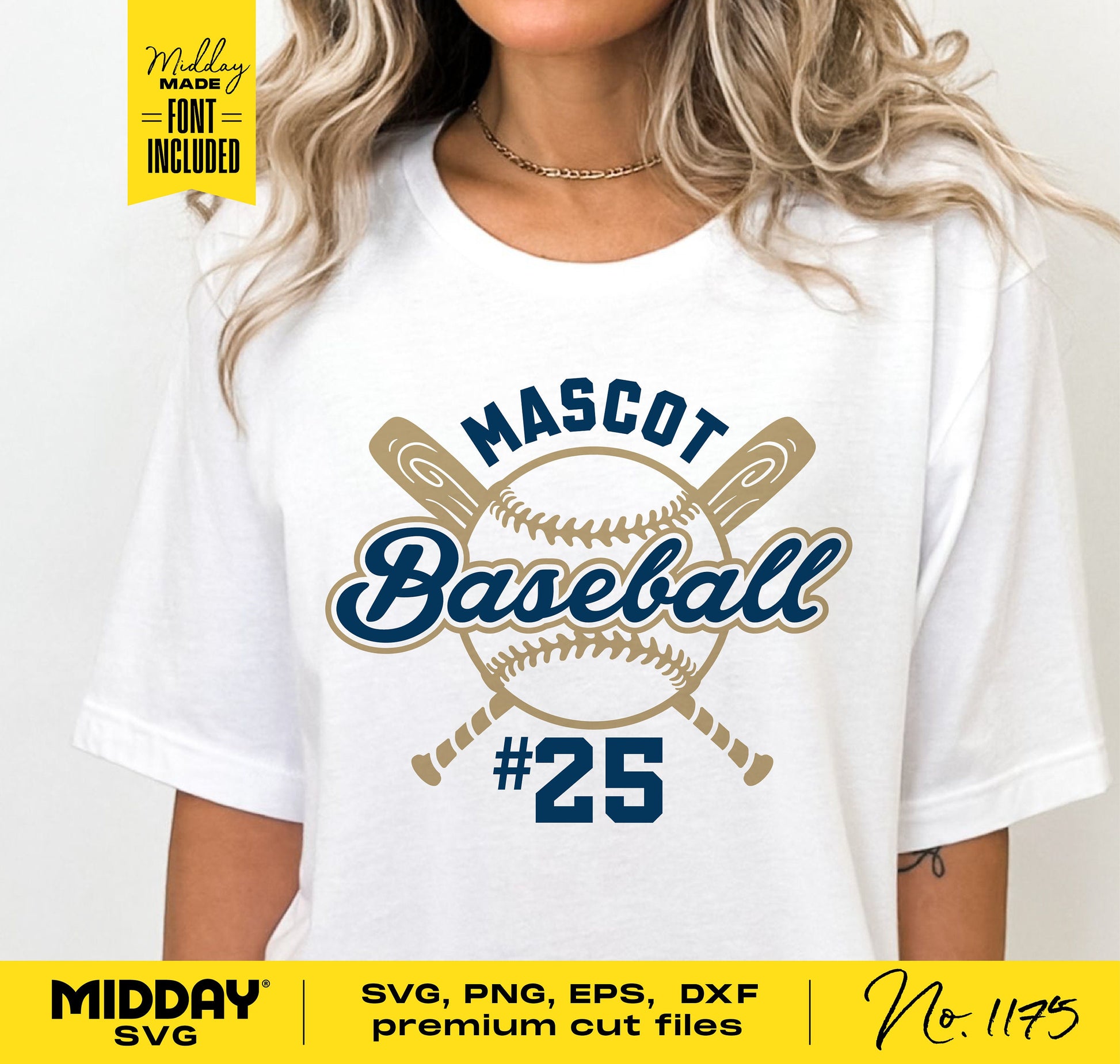 White baseball shirt featuring customizable SVG design with team mascot, crossed bats, and player number for Cricut and Silhouette.