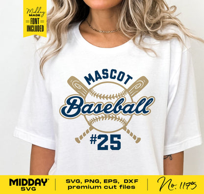 White baseball shirt featuring customizable SVG design with team mascot, crossed bats, and player number for Cricut and Silhouette.