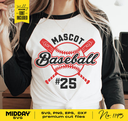 Person wearing custom baseball shirt with 'Mascot Baseball #25' design, ideal for Cricut and Silhouette projects, includes SVG, PNG, EPS, DXF files.