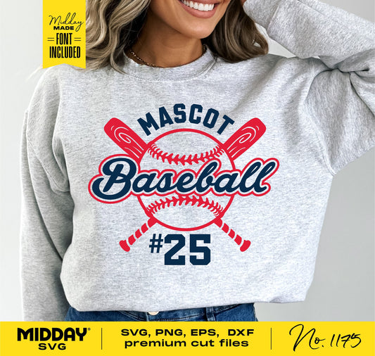 Baseball shirt design with customizable team name and player number, featuring editable SVG for Cricut and Silhouette.