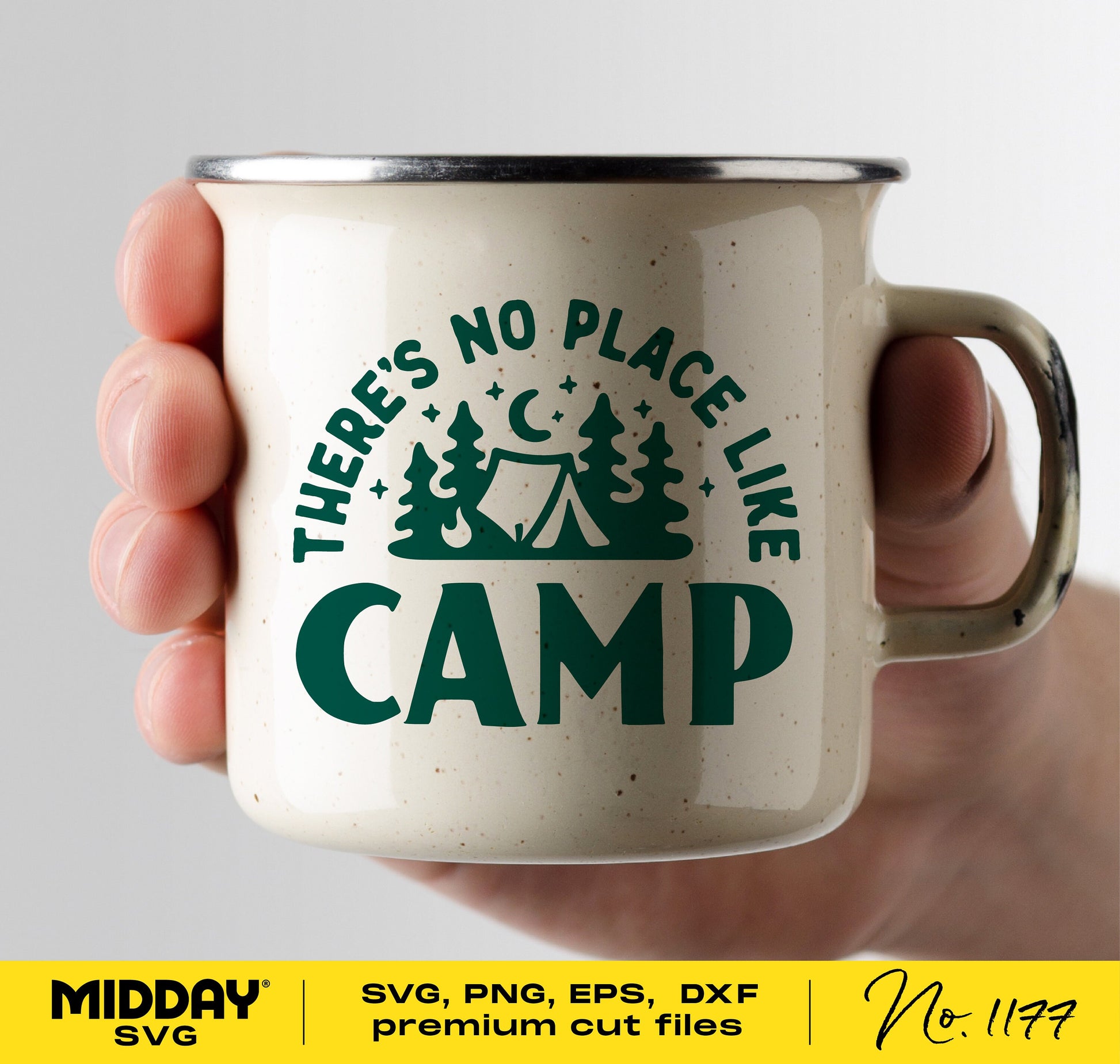 "There's No Place Like Camp" mug with camping design, available in SVG, PNG, EPS, DXF for Cricut and silhouette crafting projects.