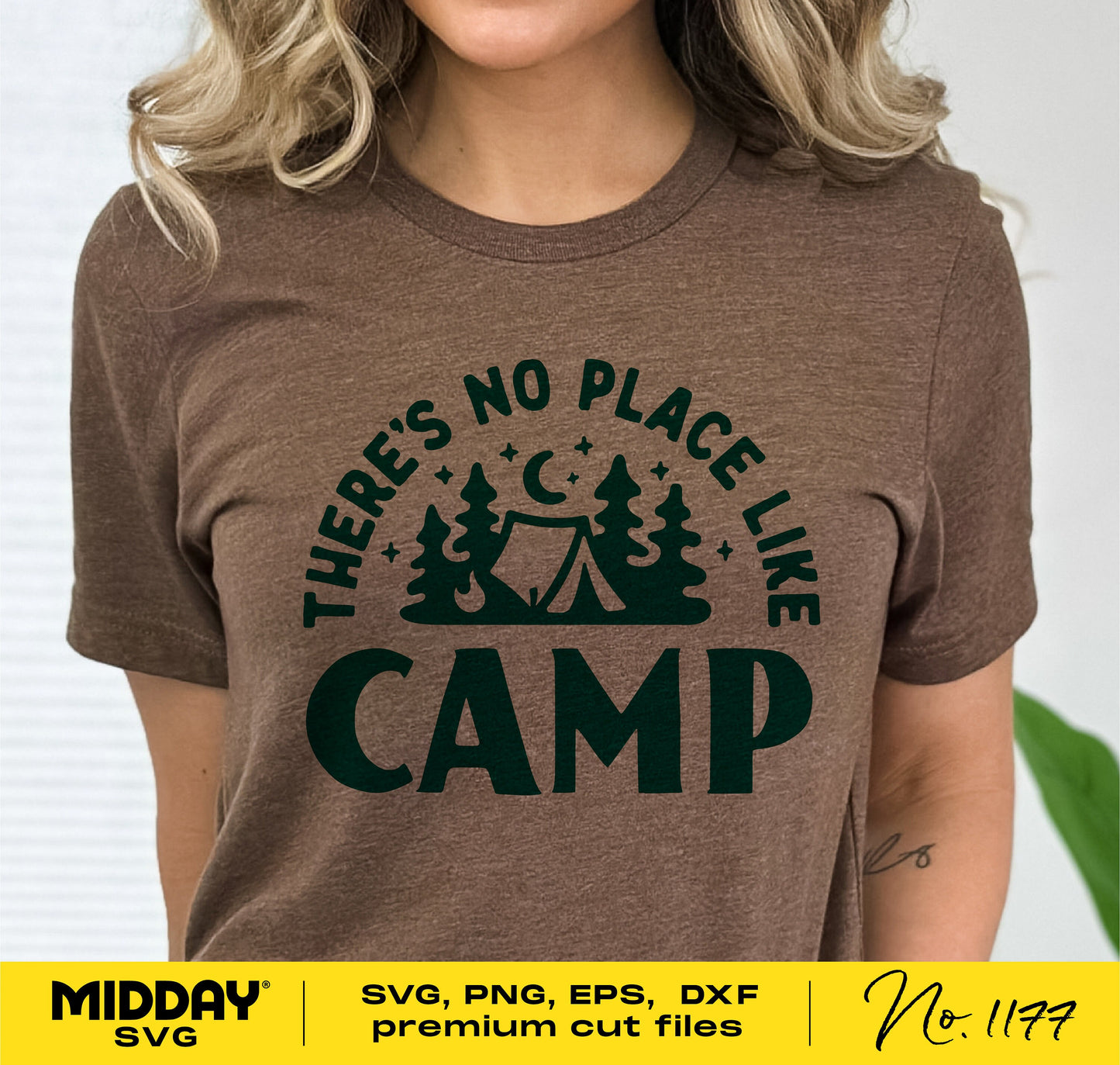 Brown t-shirt with 'There's No Place Like Camp' camping SVG design for Cricut, ideal for shirts, mugs, and tumblers.