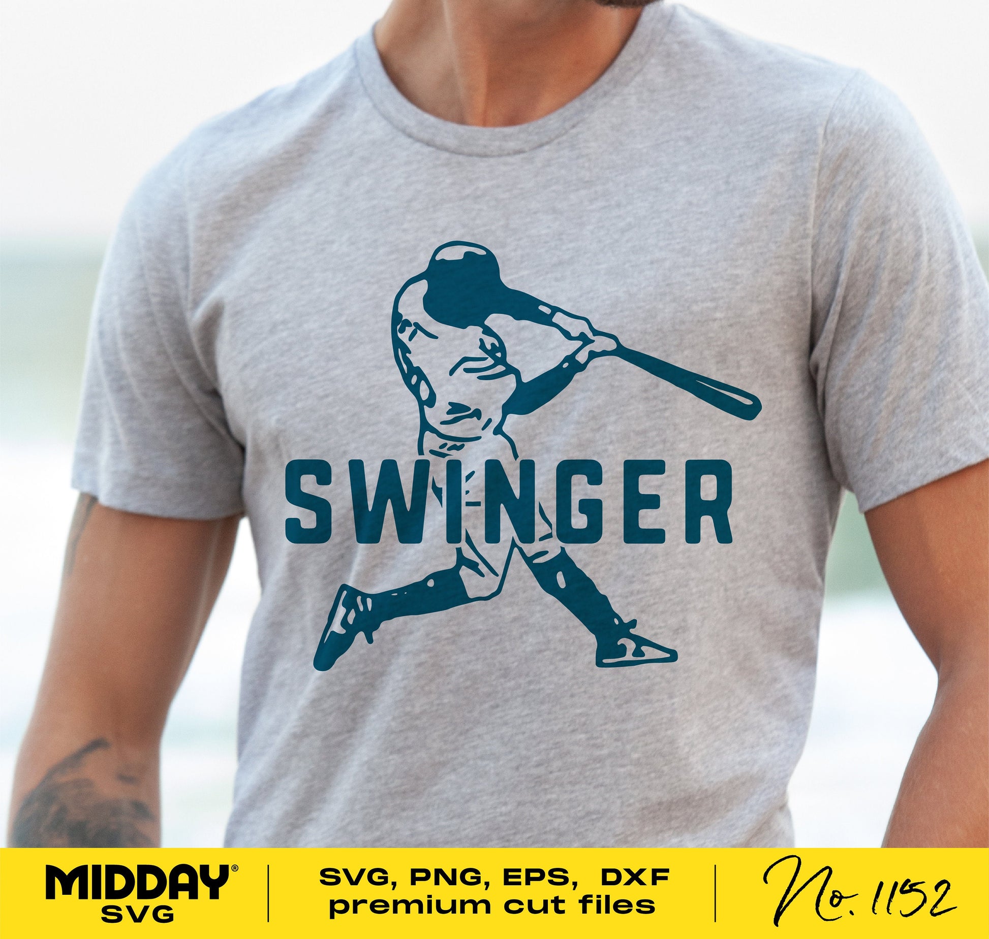 Gray t-shirt with 'Swinger' and baseball player design, suitable for baseball lovers, Cricut, and Silhouette projects.