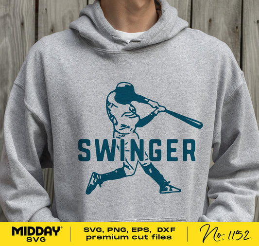 Person wearing grey hoodie with 'Swinger' and baseball player graphic, ideal for baseball lovers and Cricut or Silhouette cut file projects.