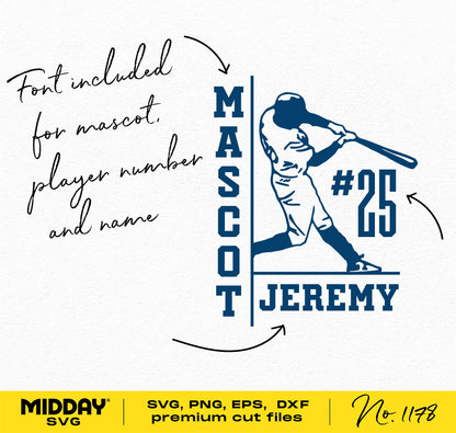 DIY baseball team shirt template with font for mascot and player details. Includes SVG, PNG, DXF formats for Cricut. #1178