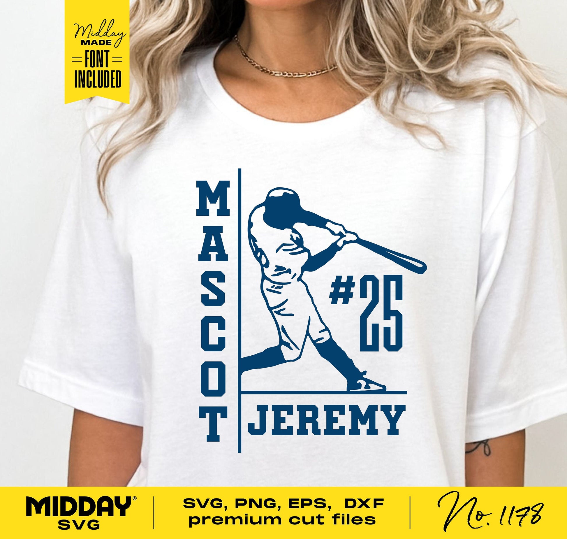 Woman wearing a custom baseball team shirt featuring a batter graphic, text 'Mascot Jeremy #25', and DIY font for Cricut designs.