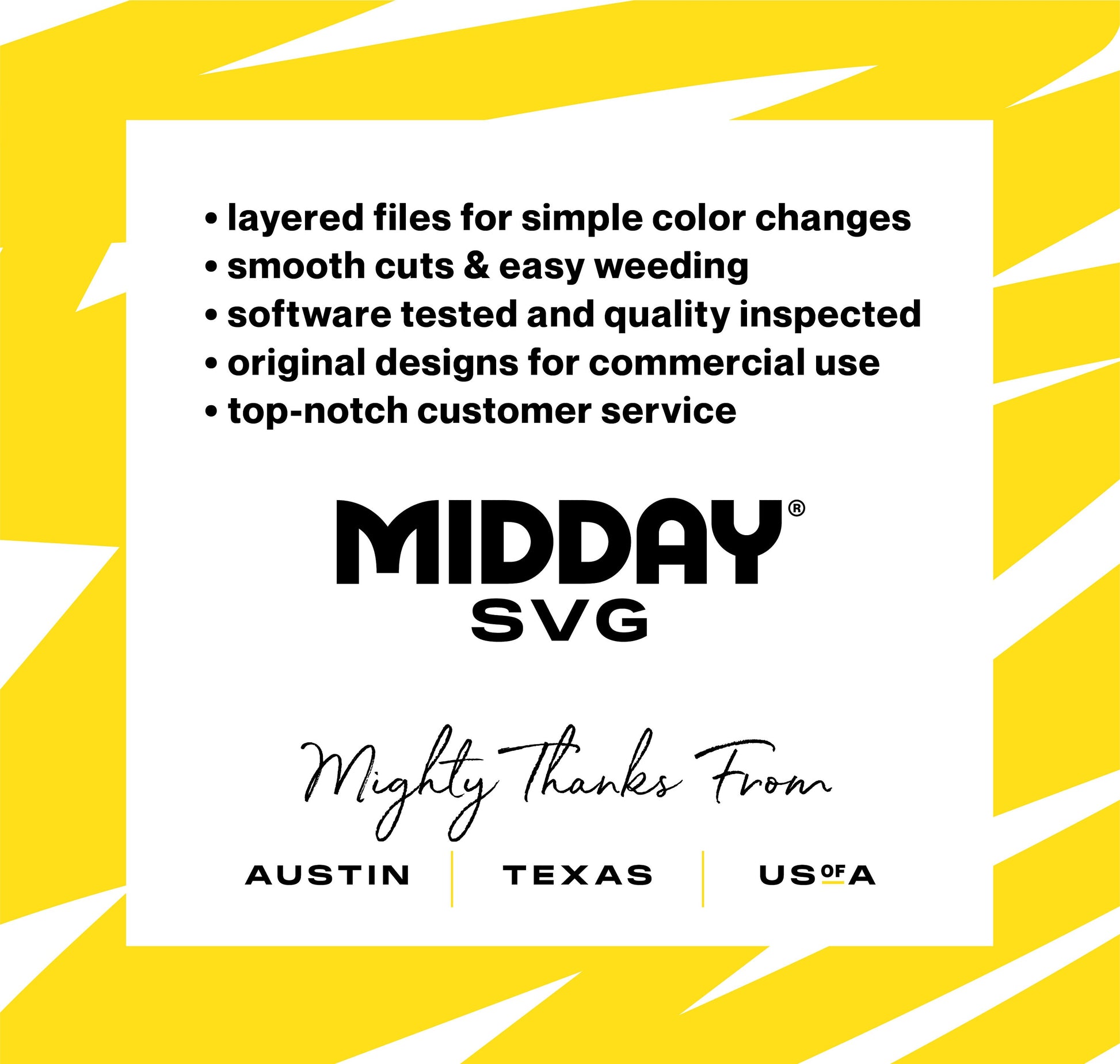 Midday SVG promotional graphic highlighting features like smooth cuts, quality inspection, and top-notch service, based in Austin, Texas, USA.