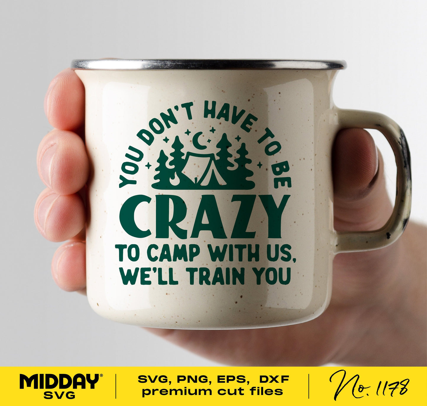 "Funny camping mug with quirky campfire design, reads 'You don't have to be crazy to camp with us, we'll train you.'"